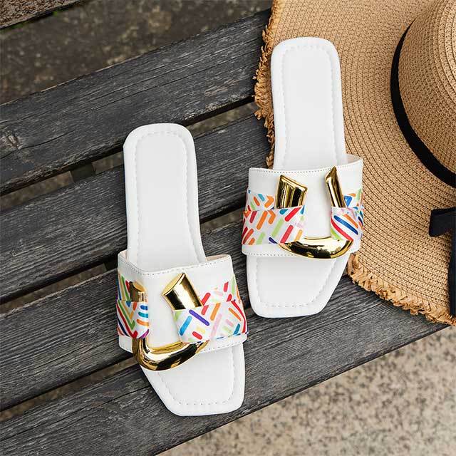 Contrast Color Open Toe Flat Slides Shoes