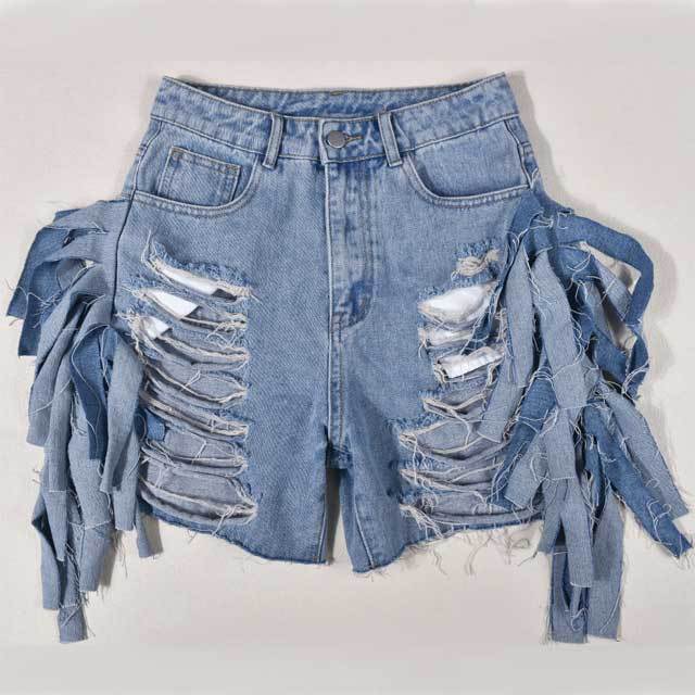High Waist Broken Fringe Denim Shorts