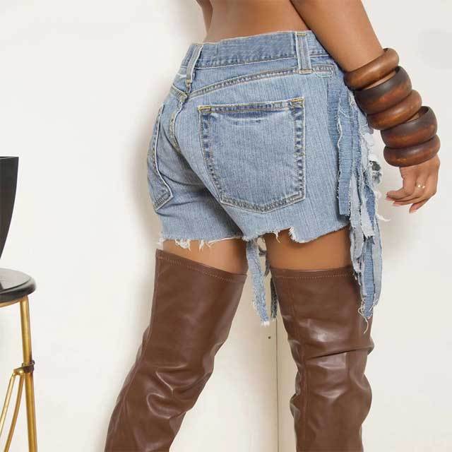 High Waist Broken Fringe Denim Shorts