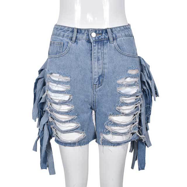 High Waist Broken Fringe Denim Shorts