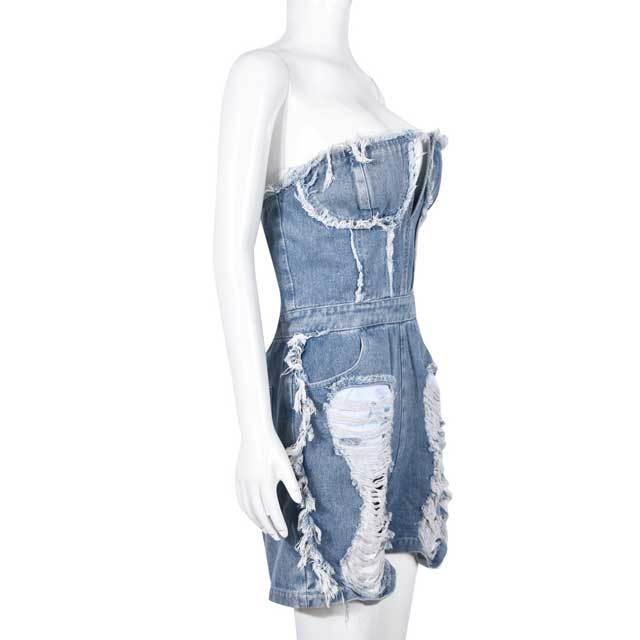 Strapless Ripped Denim Romper