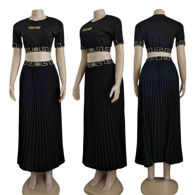 Embroidery Pleated Maxi Skirt Set