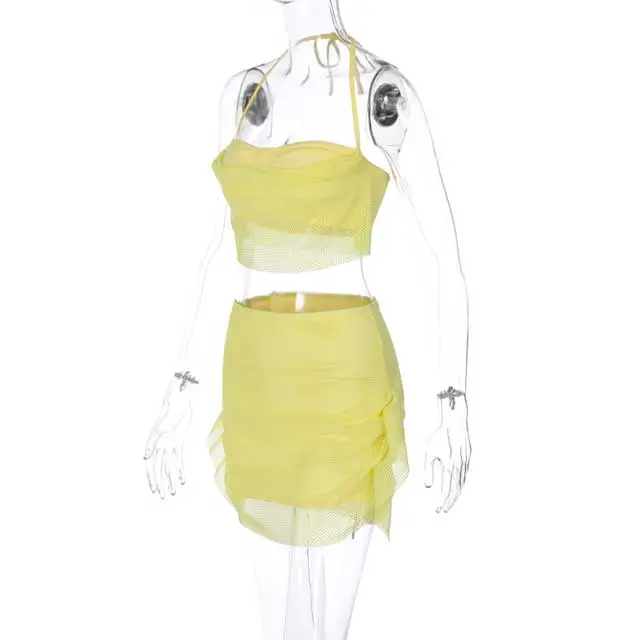 solid pleated halter top & skirt Set