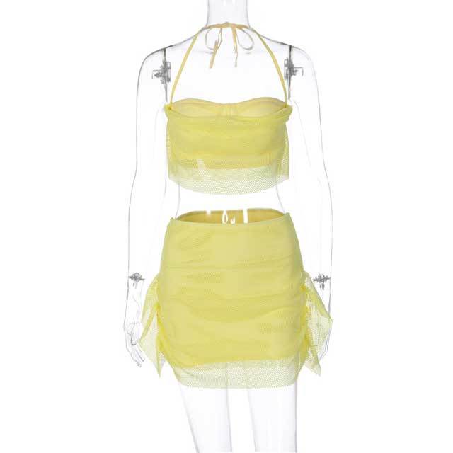 Mesh Halter Top Skirt Set