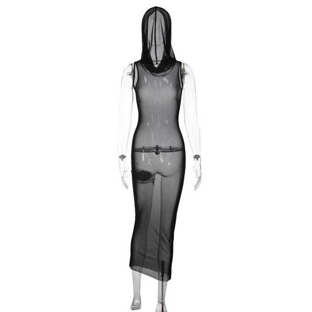 Mesh Hooded Sleeveless Maxi Dress