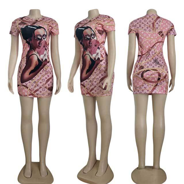 Printed Short Sleeve Bodycon Dress