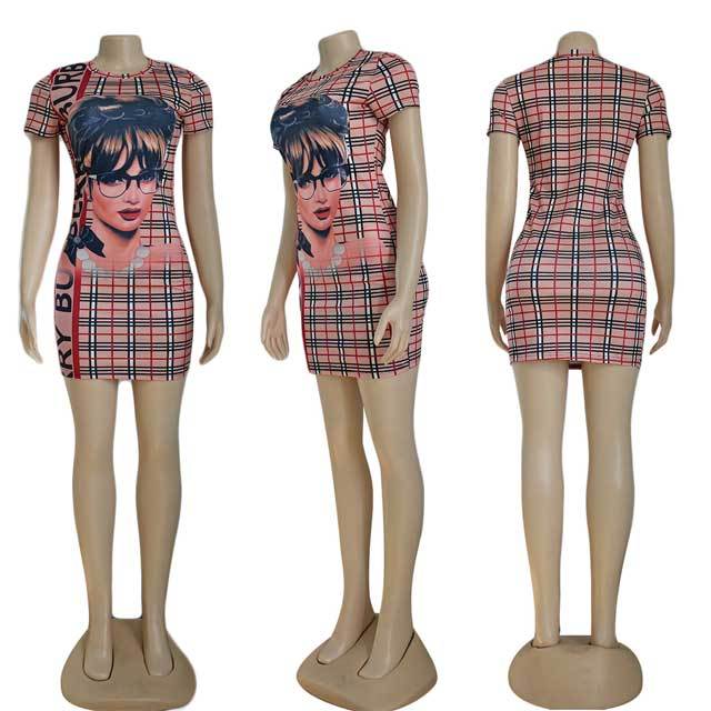 Printed Short Sleeve Bodycon Dress