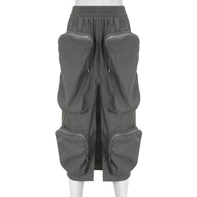 Multi Pockets Slit Cargo Skirt