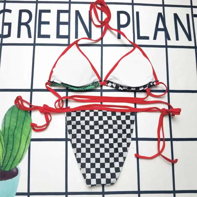 Color Block Plaid Print Bikini Set