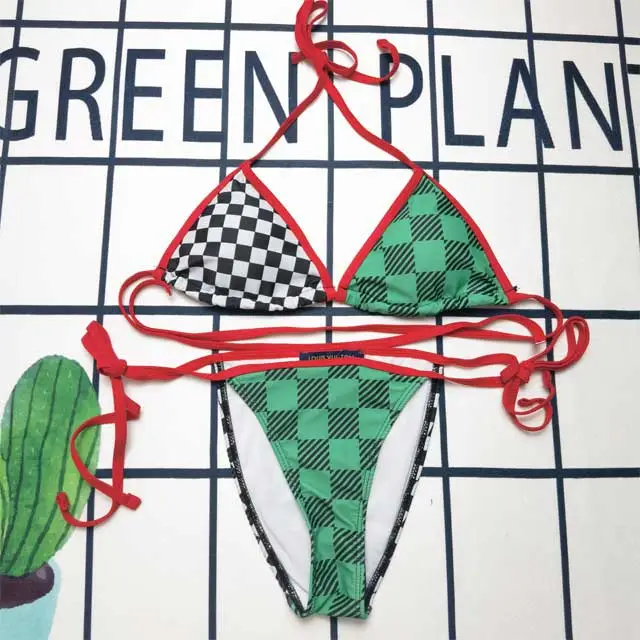 Color Block Plaid Print Bikini Set
