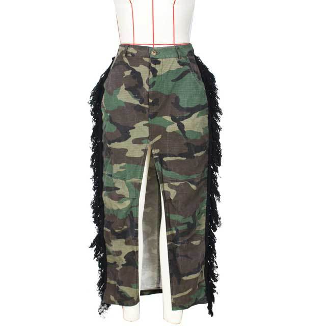 Camo Print Fringe Slit Maxi Skirt