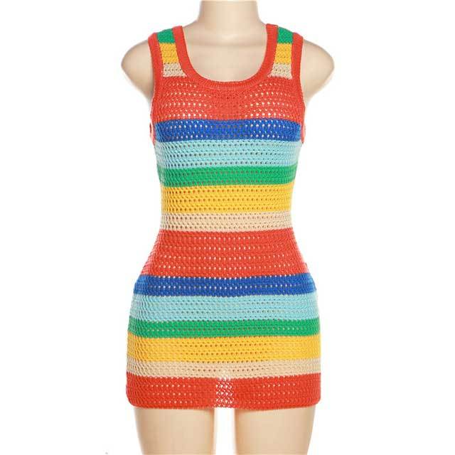 Knit Rainbow Striped Bodycon Dress