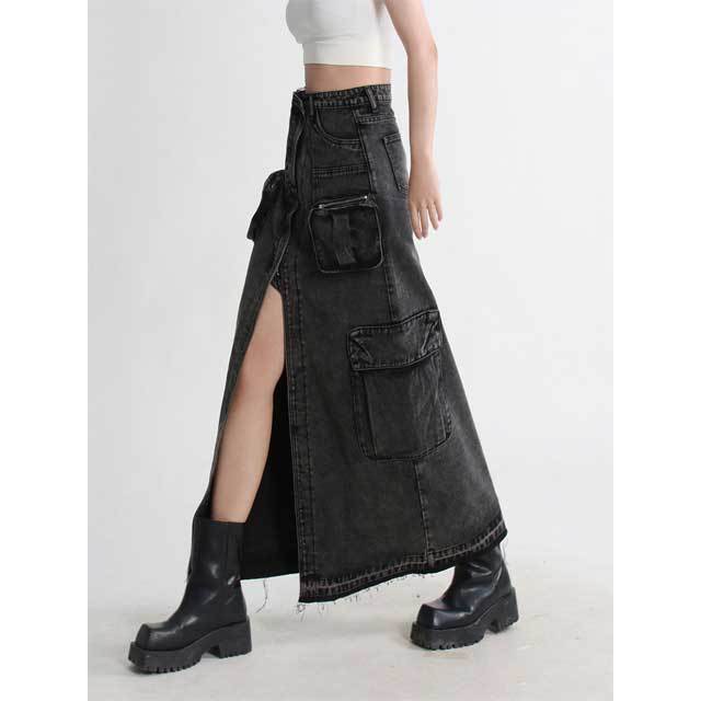 High Waist Slit Vintage Denim Maxi Skirt