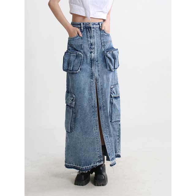 High Waist Slit Vintage Denim Maxi Skirt