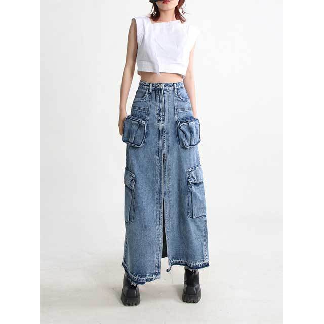 High Waist Slit Vintage Denim Maxi Skirt