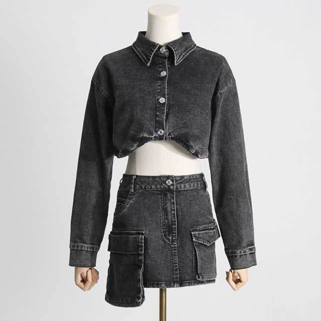Vintage Denim Jacket Top High Waist Skirt Set