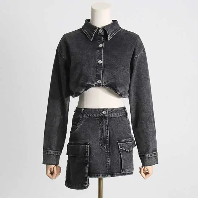 Vintage Denim Jacket Top High Waist Skirt Set