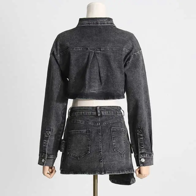 Vintage Denim Jacket Top High Waist Skirt Set