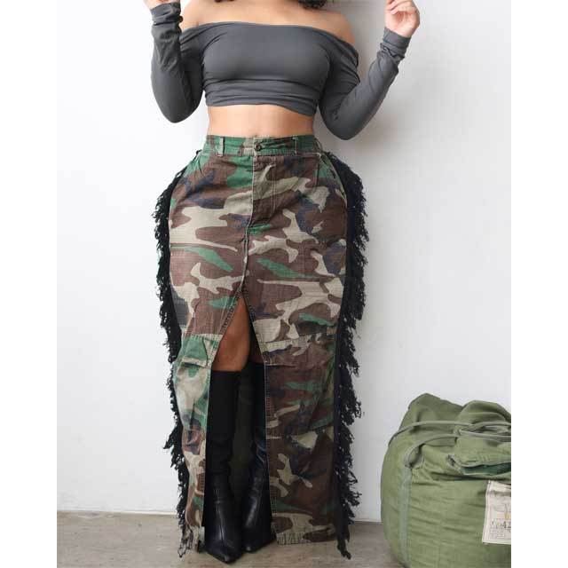 Camo Print Fringe Slit Maxi Skirt