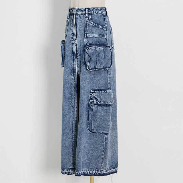 High Waist Slit Vintage Denim Maxi Skirt