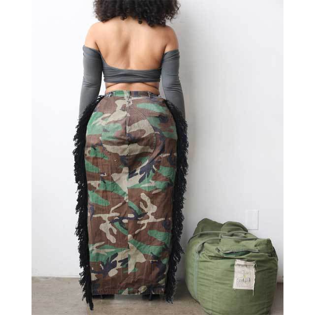 Camo Print Fringe Slit Maxi Skirt