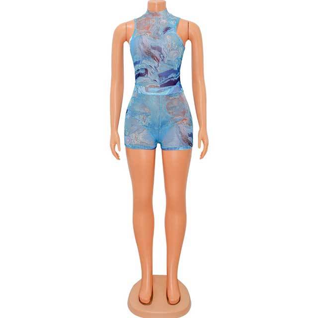 Printed Mesh Bodysuit Short Set