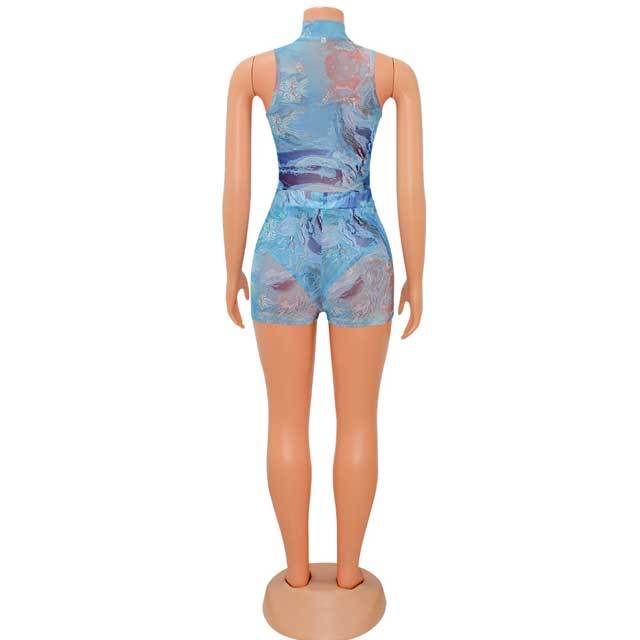 Printed Mesh Bodysuit Short Set