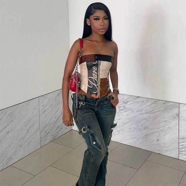 Printed Leather Zipper Tube Top