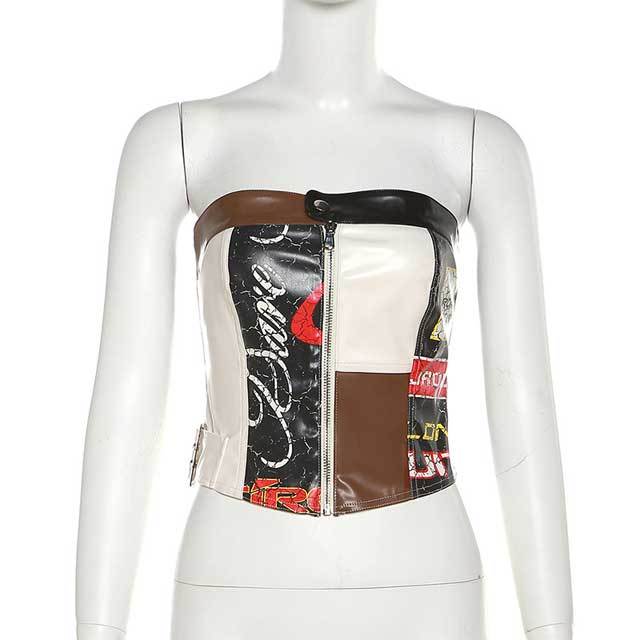 Printed Leather Zipper Tube Top