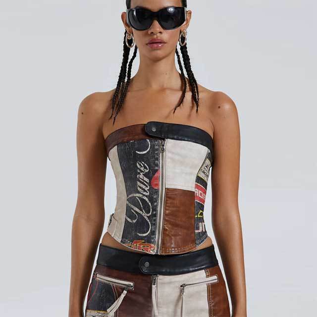 Printed Leather Zipper Tube Top