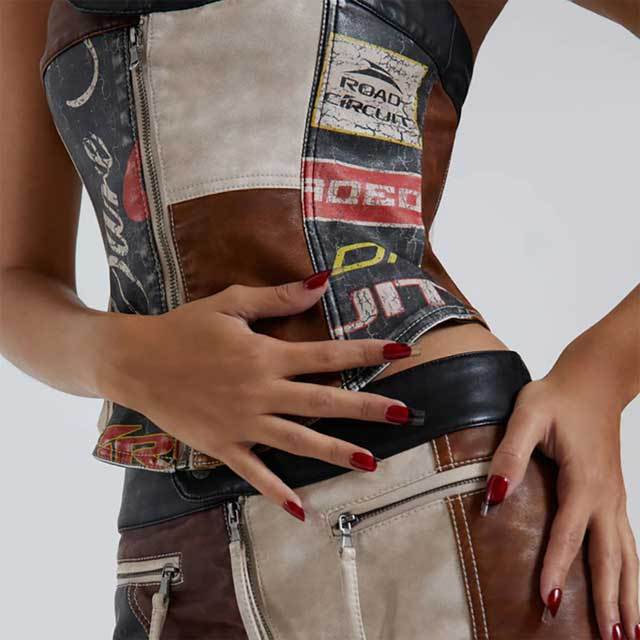 Printed Leather Zipper Tube Top