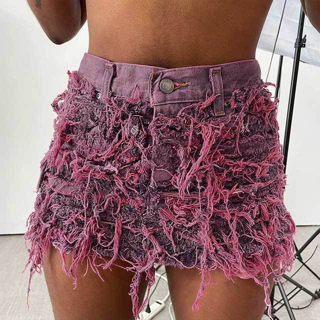 Denim Fringe Mini Skirt