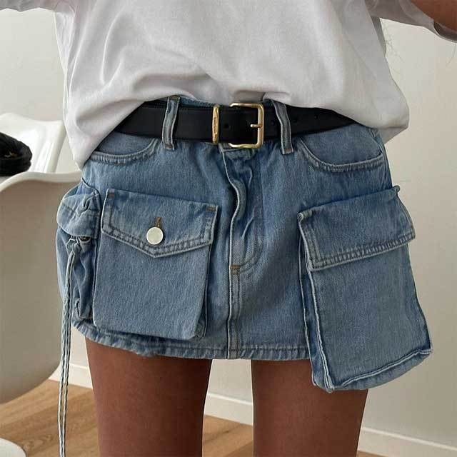 Multi Pockets Vintage Denim Mini Skirt