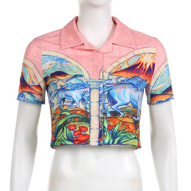 Printed Crop Polo Shirt