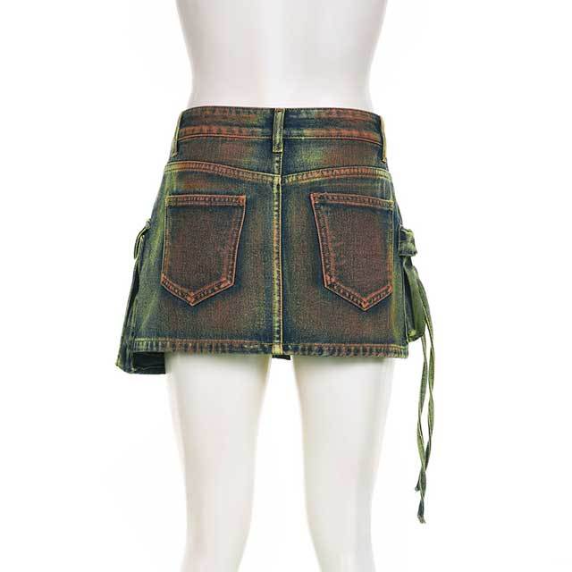 Multi Pockets Vintage Denim Mini Skirt