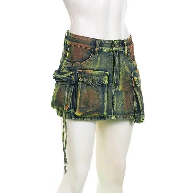 Multi Pockets Vintage Denim Mini Skirt