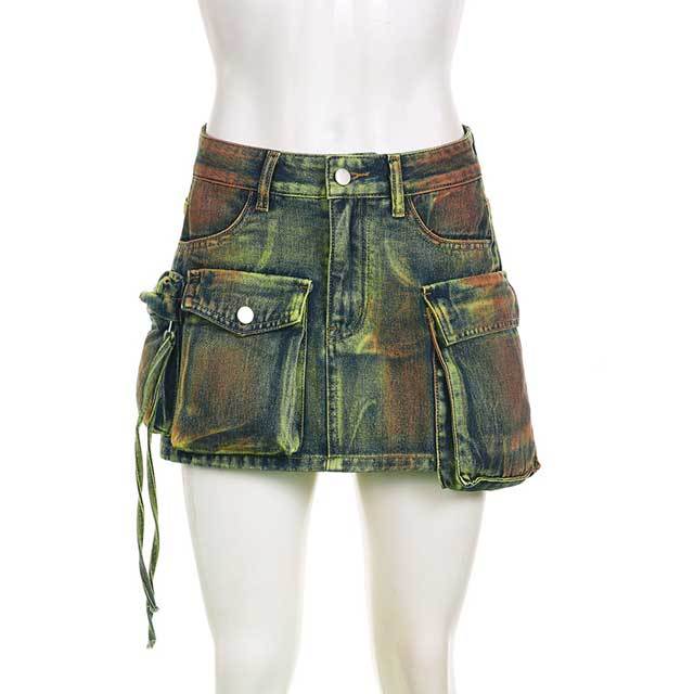 Multi Pockets Vintage Denim Mini Skirt