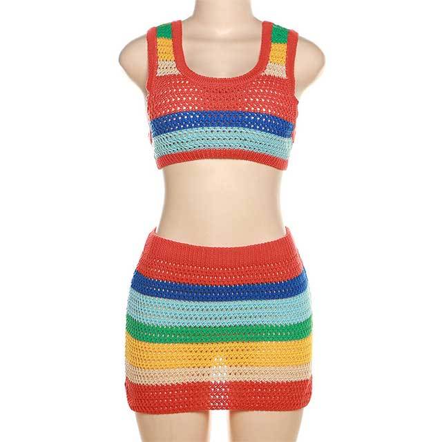 Knit Striped Mini Skirt Set