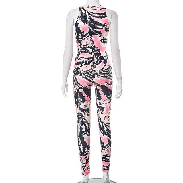 Printed Hollow Out Top Skinny Pants Set