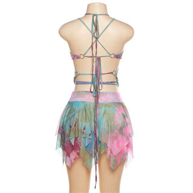 Printed Mesh Strappy Top Ruffle Skirt Set