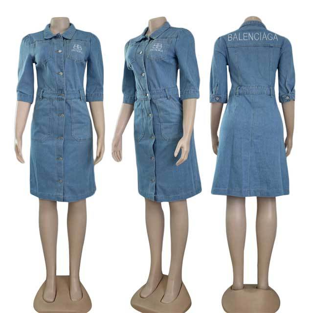 Embroidery Denim Polo Dress