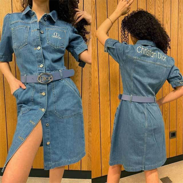 Embroidery Denim Polo Dress