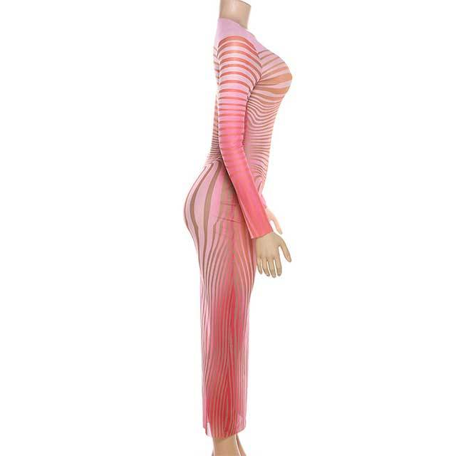 Mesh Striped Long Sleeve Maxi Dress