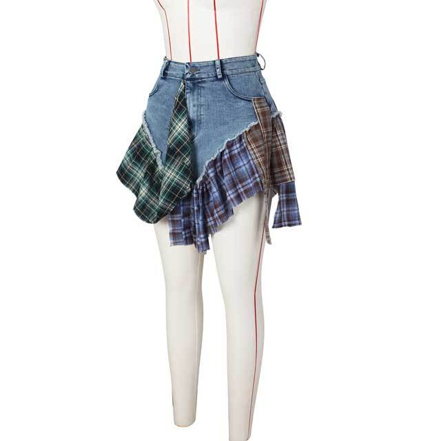 Denim Plaid Ruffle Mini Skirt