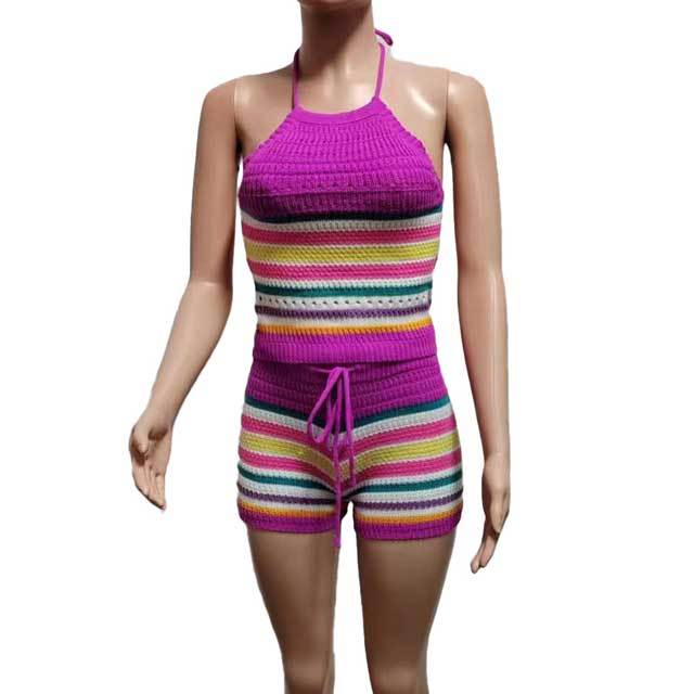 Knit Rainbow Striped Halter Top Short Set
