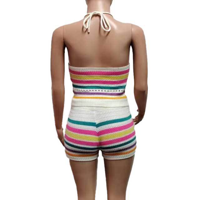 Knit Rainbow Striped Halter Top Short Set
