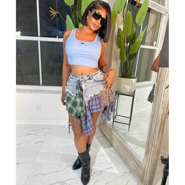 Denim Plaid Ruffle Mini Skirt