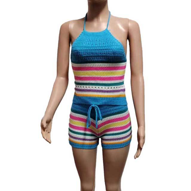 Knit Rainbow Striped Halter Top Short Set