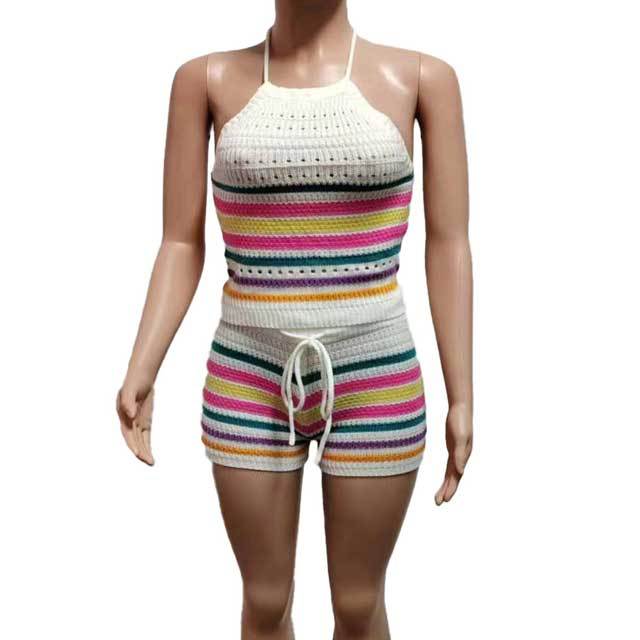 Knit Rainbow Striped Halter Top Short Set