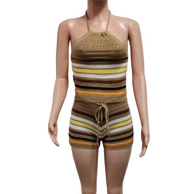 Knit Rainbow Striped Halter Top Short Set